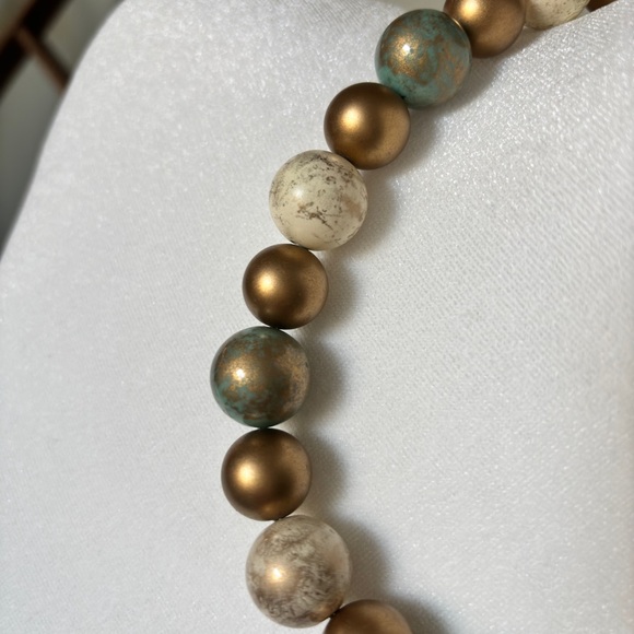 Chunky Wooden Bead Necklace with Gold and Turquoise Accents - Picture 5 of 8